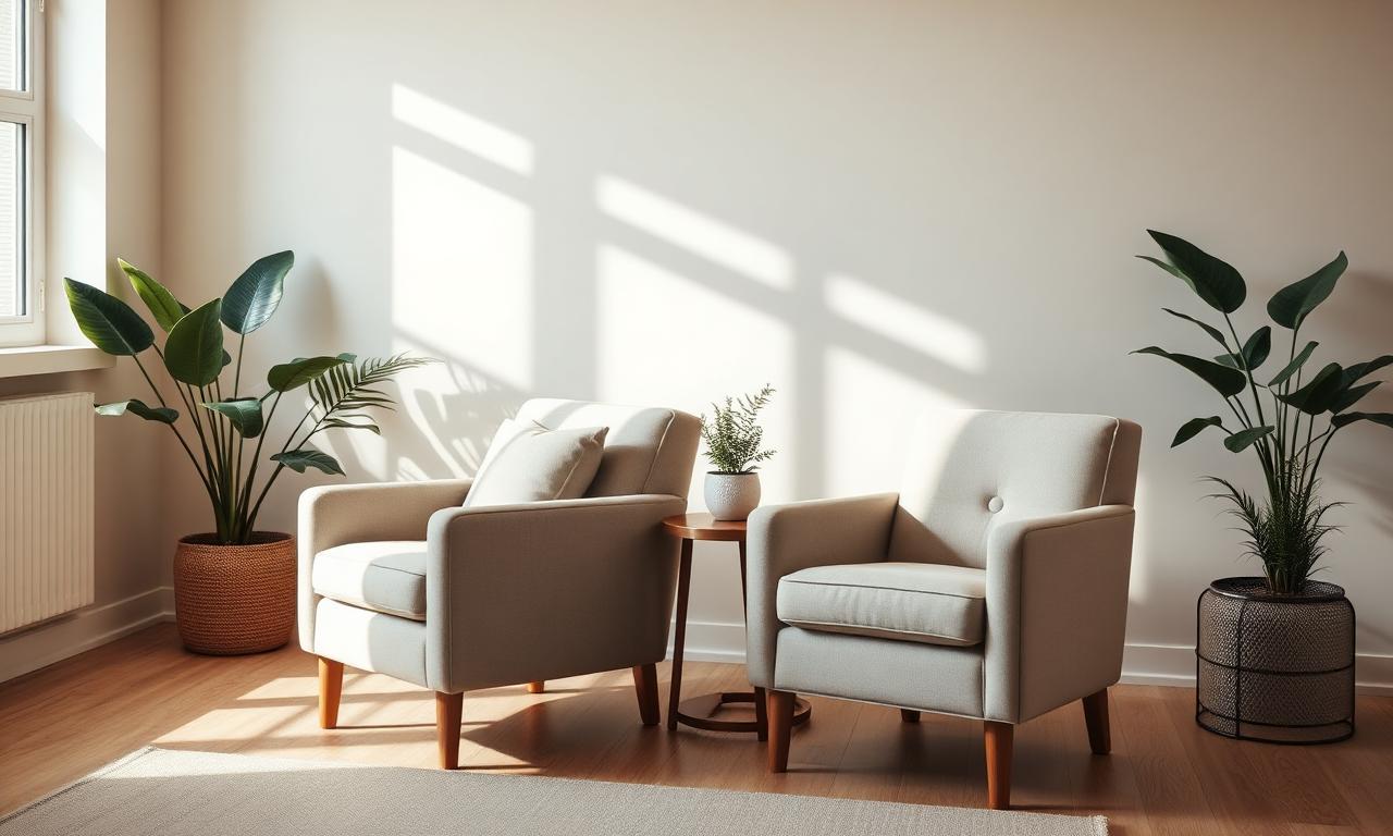 warm calm therapy room with two armchairs, faith-integrated therapy for Christians in Ontario