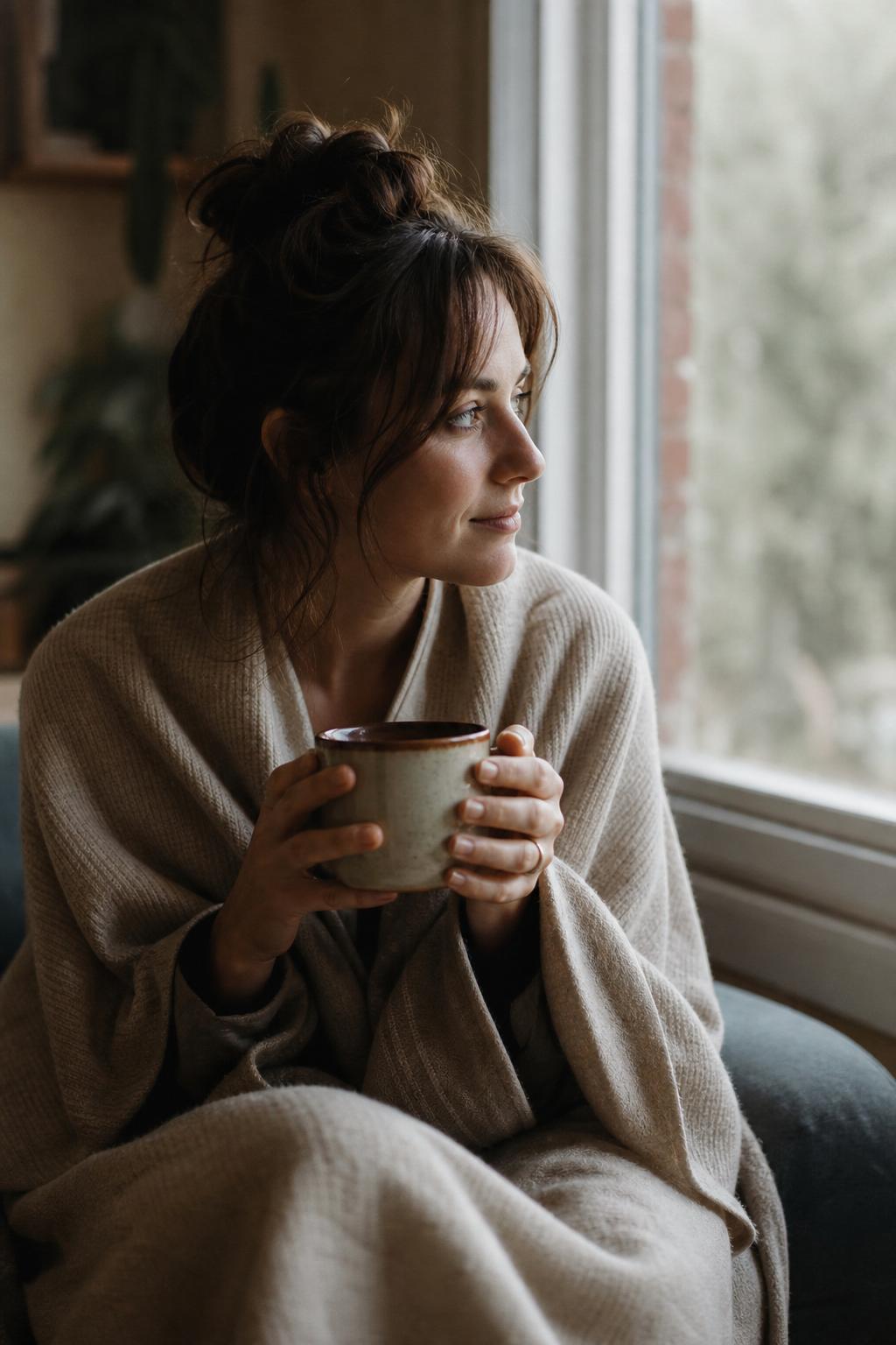Woman wrapped in a soft blanket sitting near a window, holding a warm mug of tea in a quiet, contemplative moment