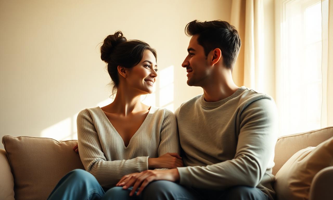 couple sitting together in warm light, Christian couples therapy Ontario for partners with different beliefs