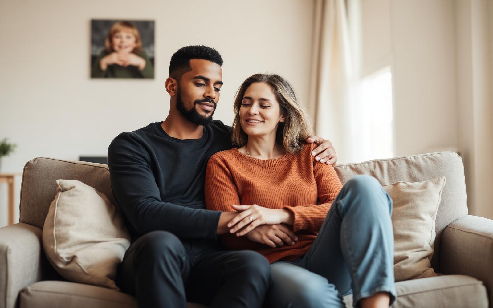A diverse couple sitting close together in a warm, softly lit home