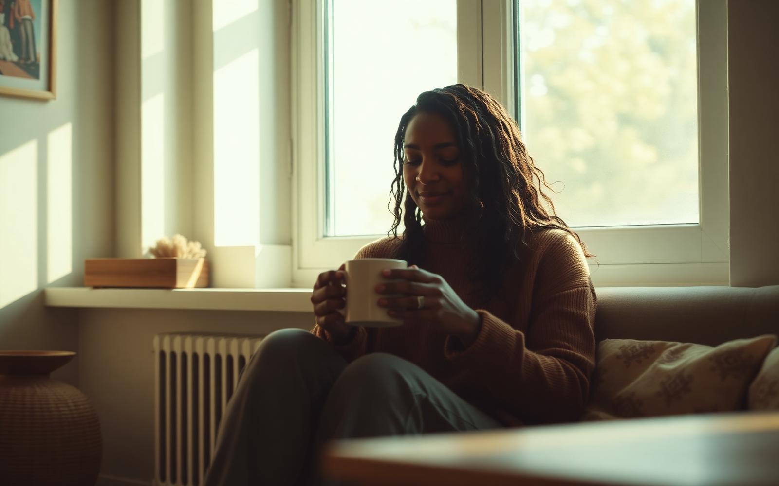 A woman sitting peacefully with a warm mug near a sunlit window