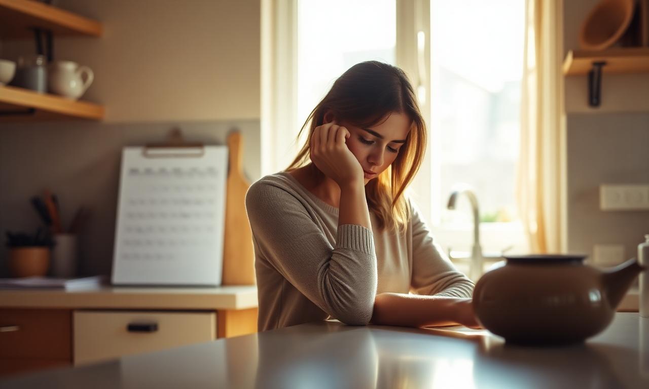 tired woman pausing in a sunlit kitchen, therapy for Christian women experiencing faith exhaustion in Ontario