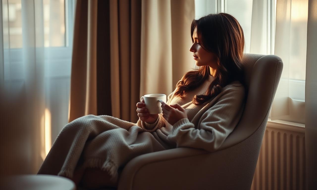 woman resting by a sunlit window with tea, therapy for Christian women rest guilt Ontario