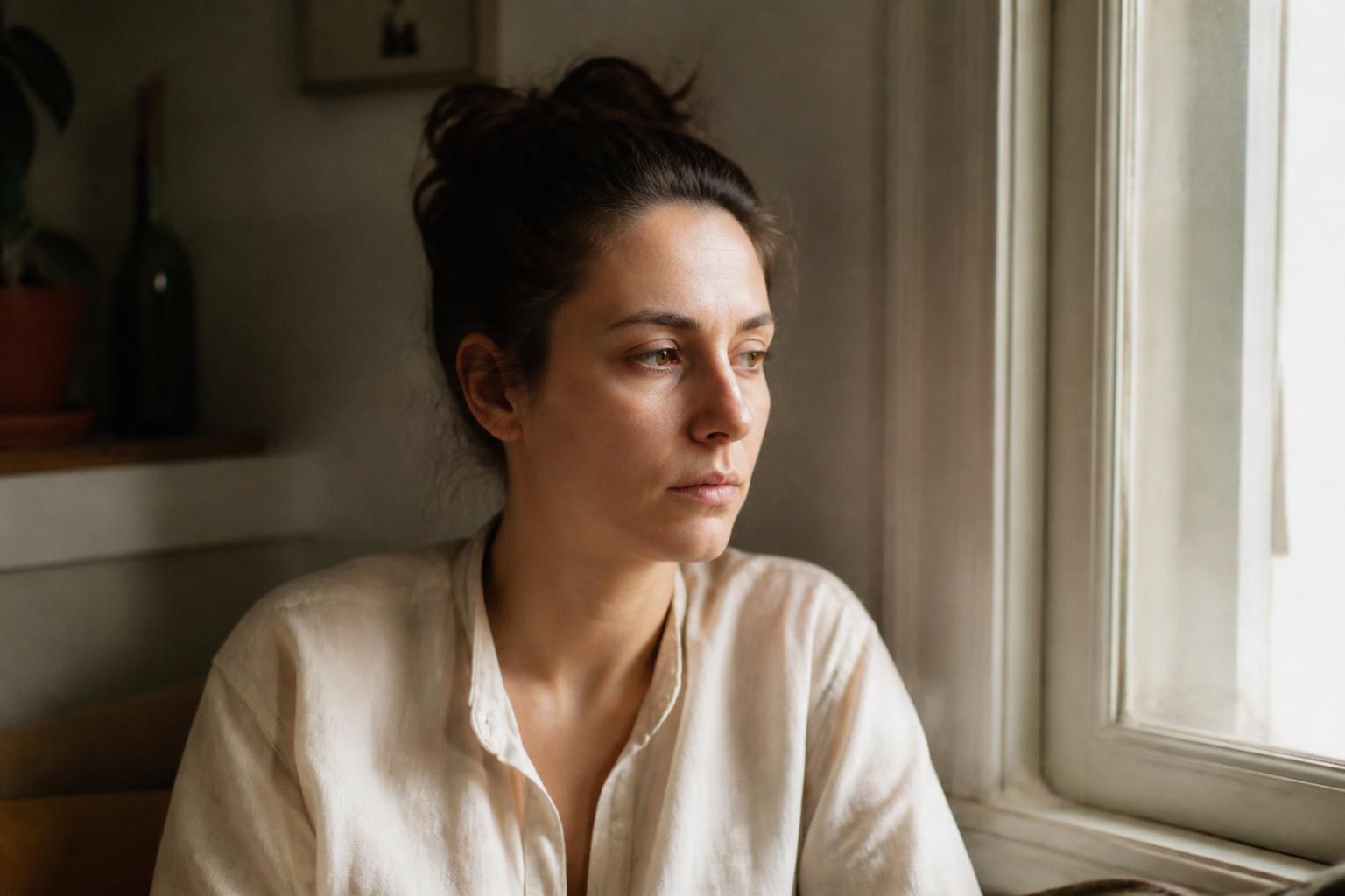 woman looking composed but emotionally exhausted, CPTSD therapy Toronto