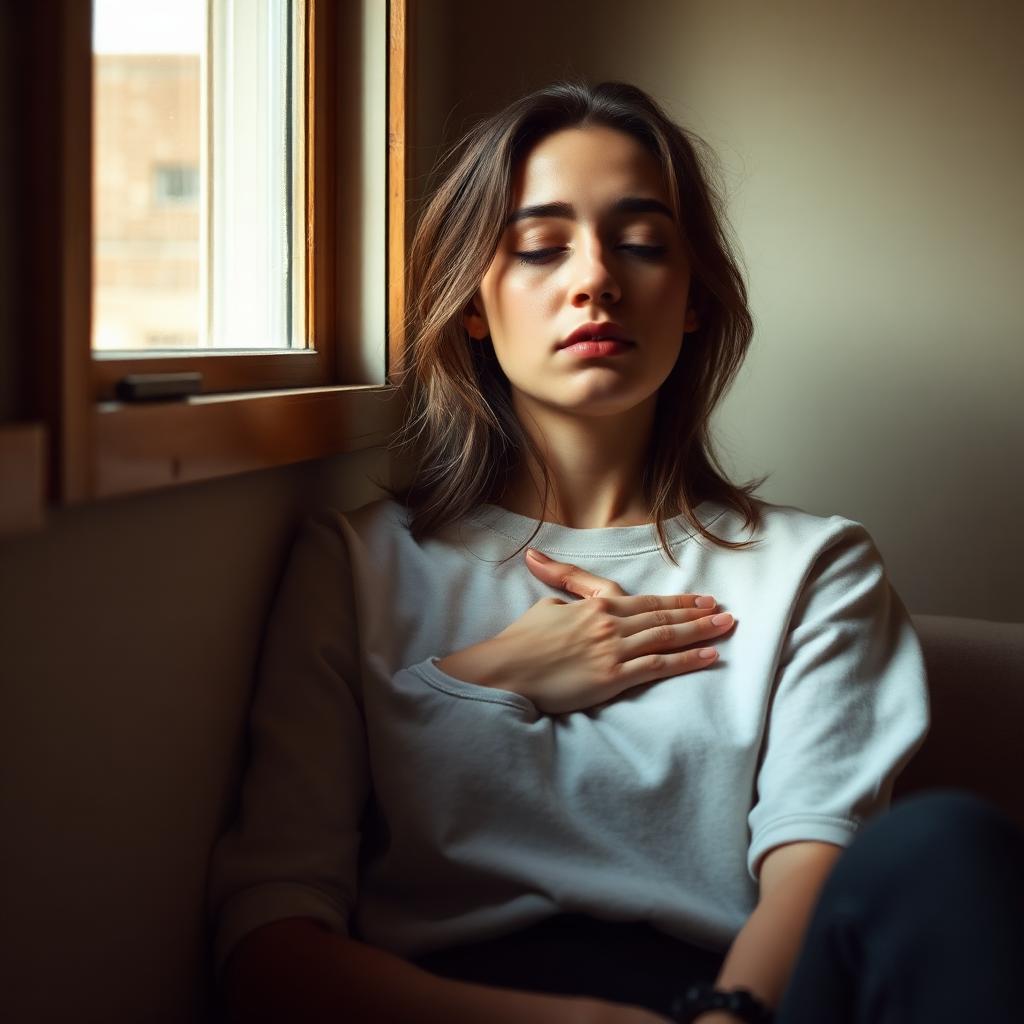 woman resting hand on chest by a window, emotional overwhelm therapy Ontario